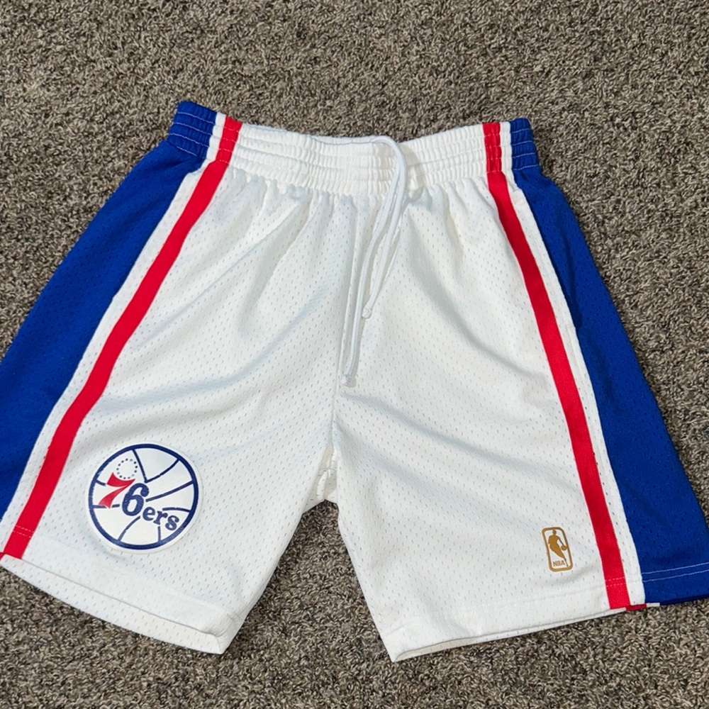 Mitchell & Ness 76ers White and Blue Athletic Shorts